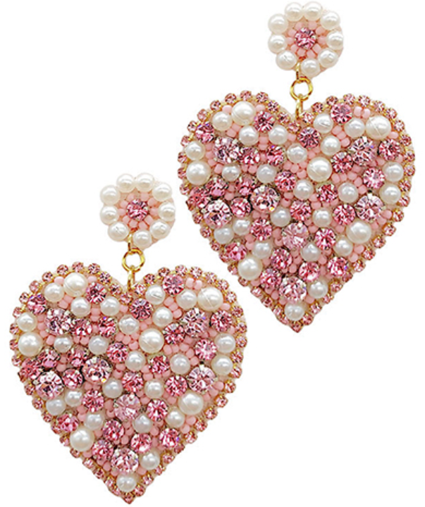 Beaded Crystal & Pearl Heart Earrings