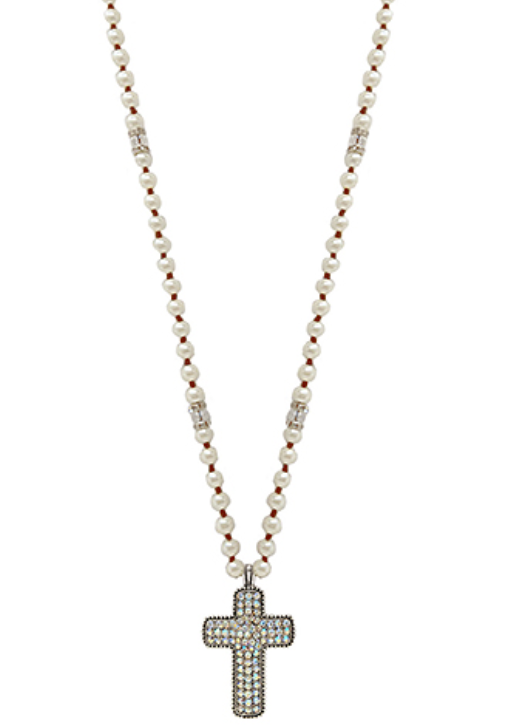 Pearl & Rhinestone Cross Long Necklace