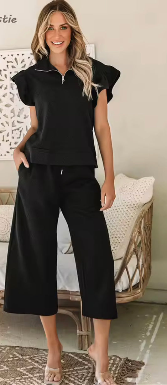 Ruffle sleeve, wide leg, cropped pant set