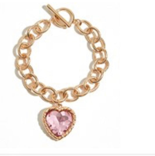 Heart Glass Stone Chain Bracelet - Pink