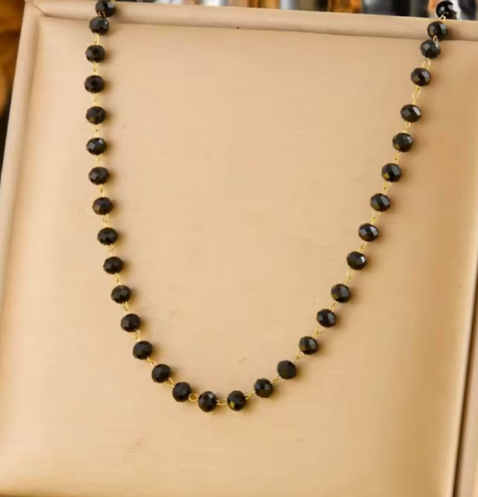 Stainless Steel Black Glass Beaded Necklace
