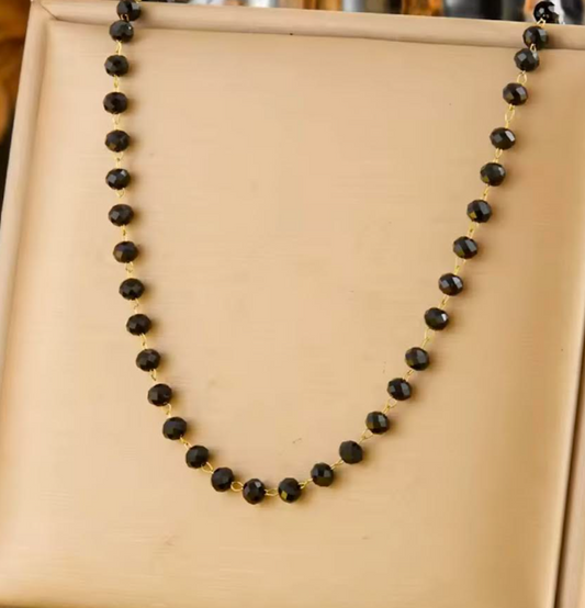 Stainless Steel Black Glass Beaded Necklace