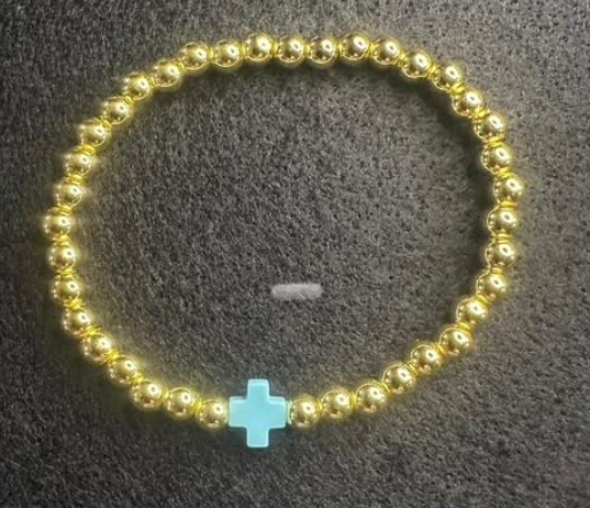 18 carat Stainless Steel Waterproof 5mm Bead Bracelet w/Blue Cross