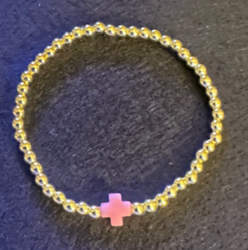 Stainless Steel 4mm Bead Bracelets w/ Pink Cross