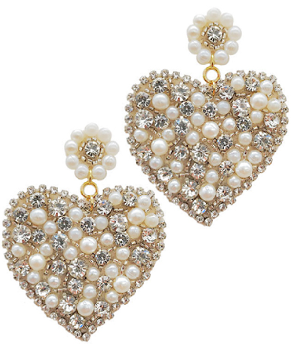 Beaded Crystal & Pearl Heart Earrings