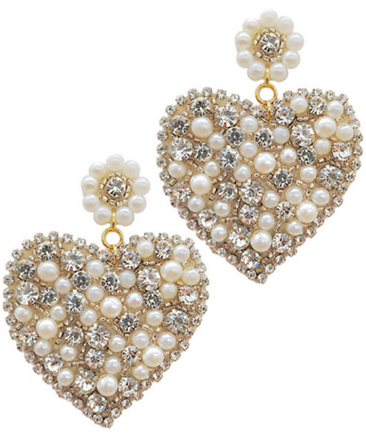 Beaded Crystal & Pearl Heart Earrings
