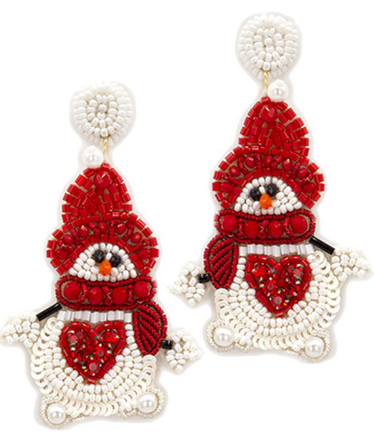 Bead Snowman w Crystal Heart Earrings