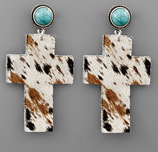 Cow Hide Cross Stone Earrings