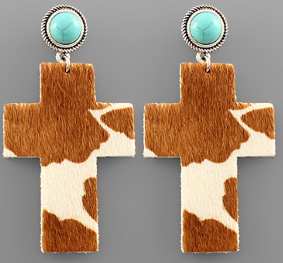 Cow Hide Cross Stone Earrings
