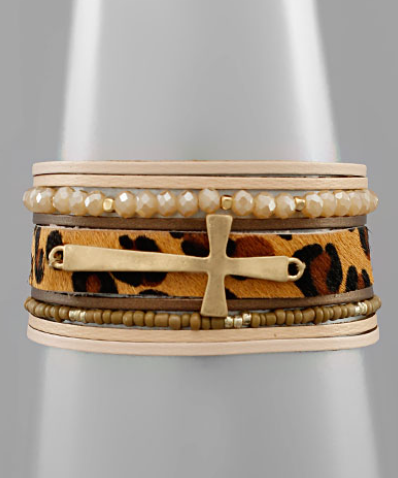 Cross & Animal Print Leather Row Bracelets