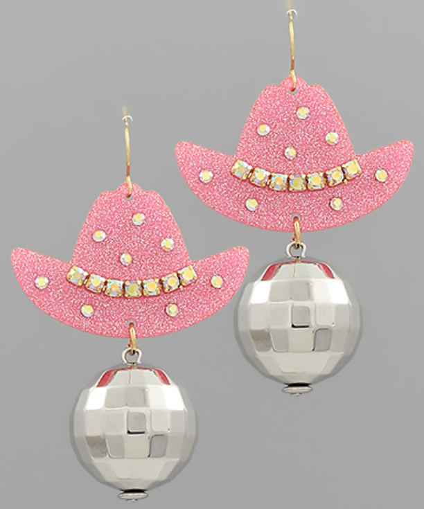 Pave Cowboy Hat & Disco Ball Earrings