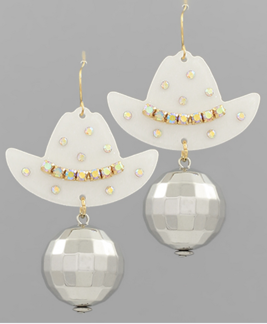 Pave Cowboy Hat & Disco Ball Earrings
