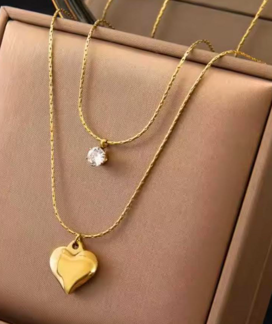 Stainless Steel Diamond and Gold Heart Necklace Set
