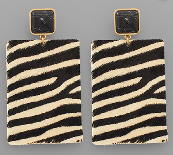 Zebra Print Rectangle & Stone Earrings