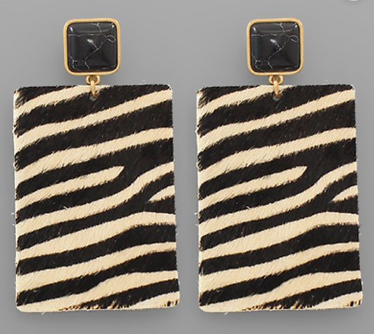 Zebra Print Rectangle & Stone Earrings